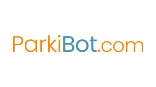 The ParkiBot logo. It reads ParkiBot.com, with the Parki and .com parts in orange and Bot in blue. The background is white.