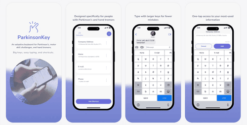 A screenshot of images of ParkinsonKey from the Apple App Store. The images show the keyboard, along with some of the shortcut options.