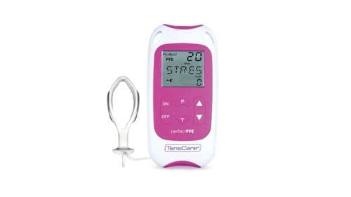 The white and pink Perfect PFE device and probe against a white background.