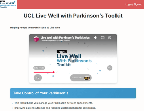 A screenshot of the Live Well with Parkinson's Toolkit homepage, including a video previewing the app's features.