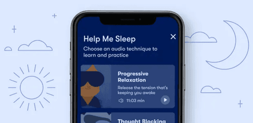 A phone with the Sleepio Help Me Sleep page on its screen. The page lists different audio techniques to learn and practice better sleep. The phone is on a light blue background with dark blue illustrations of clouds, stars, the moon and the sun.
