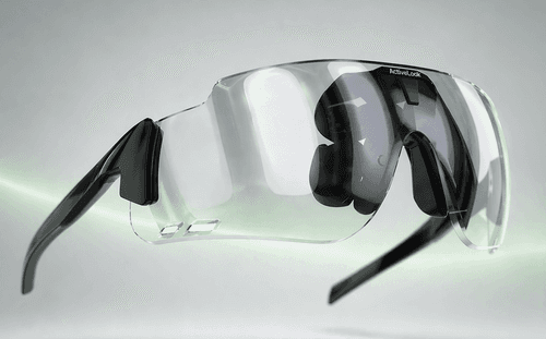 The StrydAR glasses from the side. The tech around the nose piece is visible through the lenses.