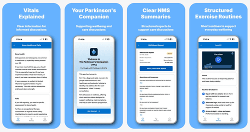 Four screenshots from The Parkinson's Companion app. The first explains some vitals, the second explains the app, the third shows a care report and the fourth explains an exercise.