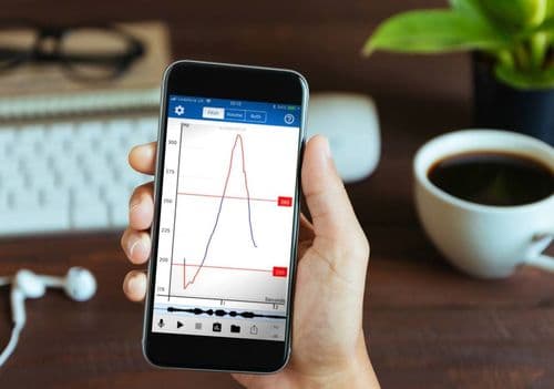 A photo of a hand holding a smartphone in front of a desk with a cup of coffee and a plant. The phone screen shows a pitch graph from the Voice Analyst app.