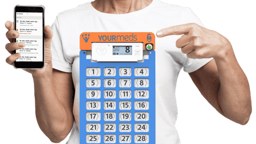 A woman's hand pointing at a YourMEDS box in front of her. In her other hand, she is holding a smartphone with the YourMEDS app open.