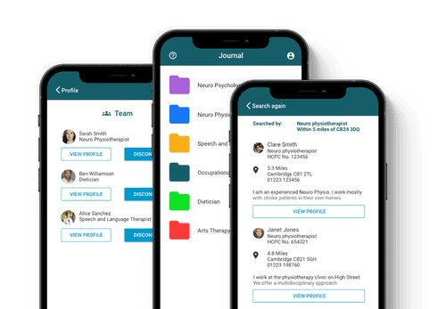 A photo of three smartphones, each phone shows a different screen of the Neuro ProActive app.
