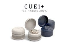 A photo of a CUE1+ device in each colour option with the words 'UCE1+ for Parkinson's' above the products.