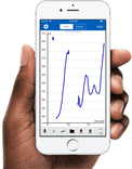 Hand holding a phone showing a graph of voice pitch from Voice Analyst.