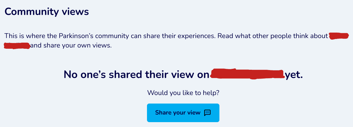 Screenshot of a product page with "Community Views" at the top and the "Share your views" button at the bottom