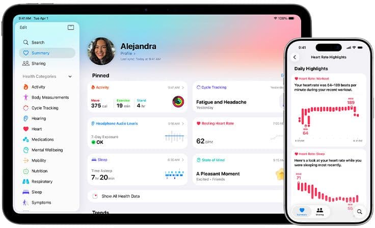 The Apple Health app dashboard shown on an iPad and iPhone.