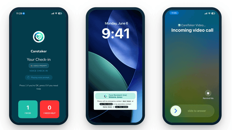 Three phones showing features from the Caretaker app. These include a check-in notification, an emergency widget with the contact details of a caregiver and an incoming video call.