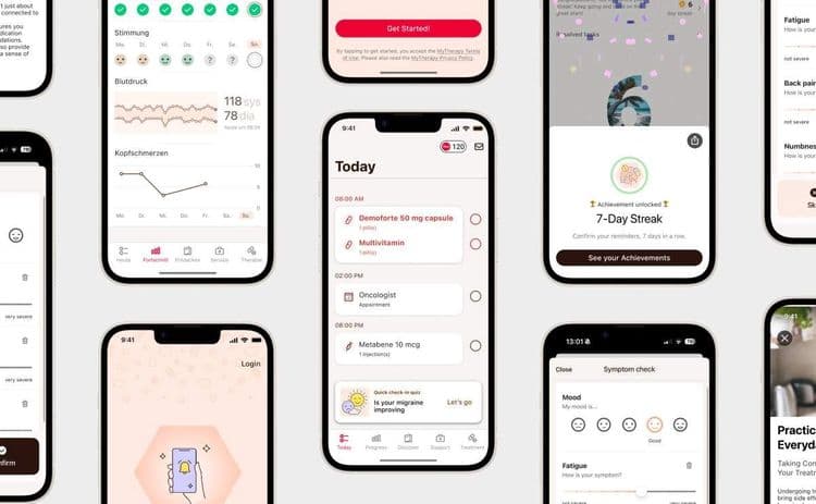 A collage of phones showing different screens from the MyTherapy app. Most of them are cropped in some way but the phone in the centre shows the Today page of the app with medications, an appointment and a check-in quiz available.