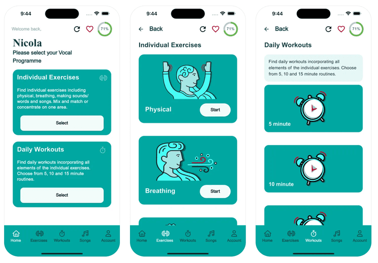 A photo of three phones, each showing a different screen from SingApp: Parkinson's.