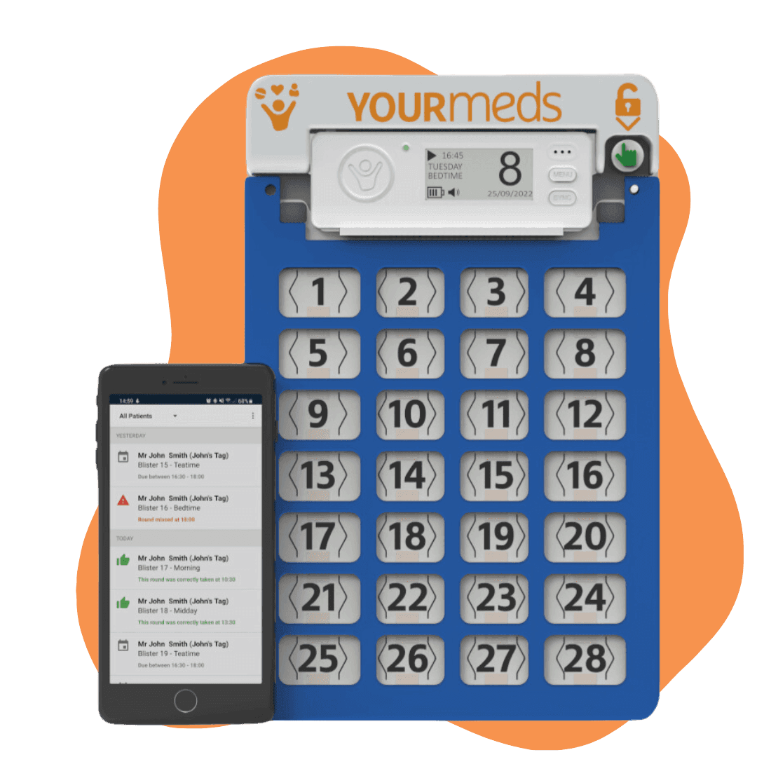 YourMeds device in blue & white showing numbered windows, and a smartphone running the YourMeds app.